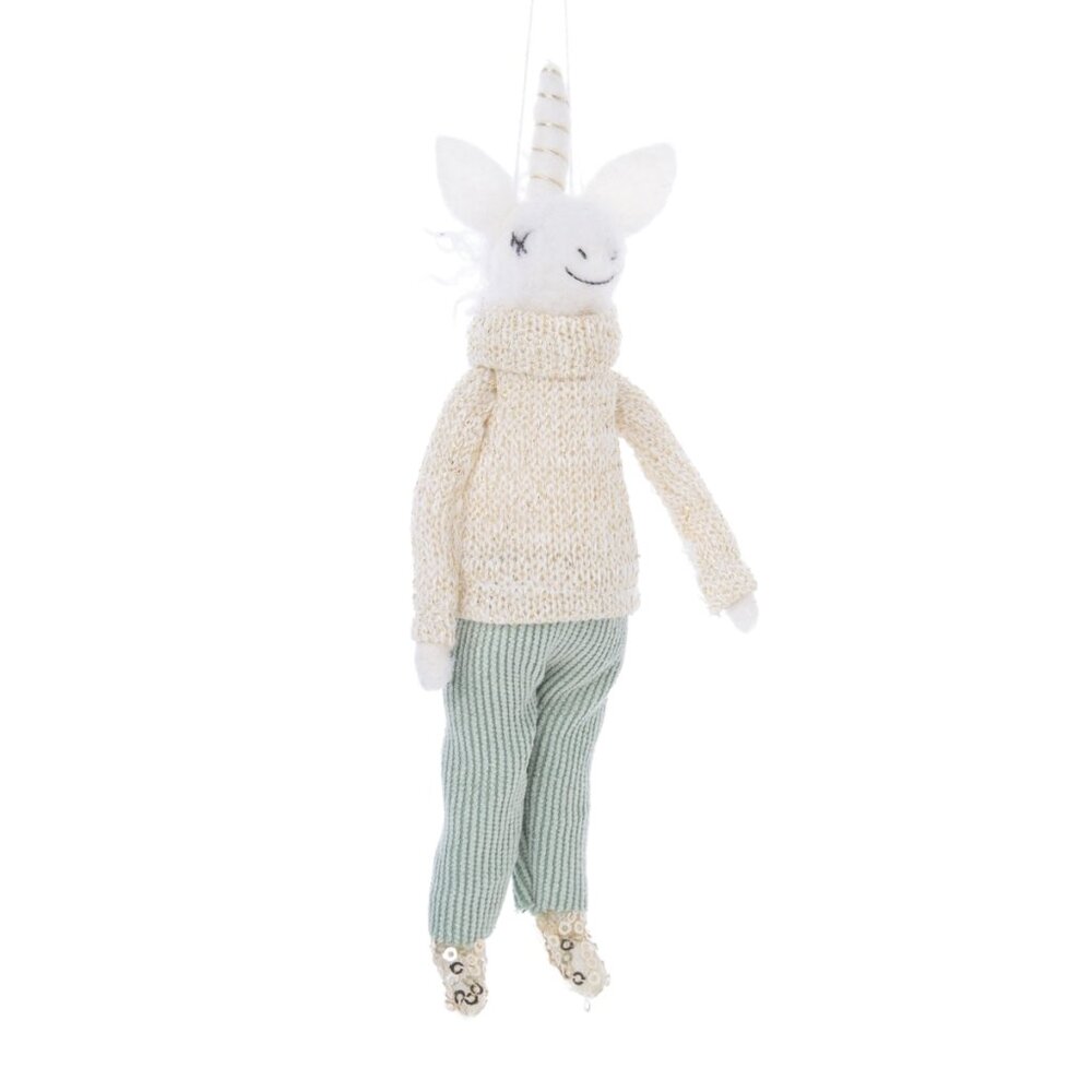 Felt Unicorn Ornament‎ With Gold Sweater & Corduroy Pants handmade